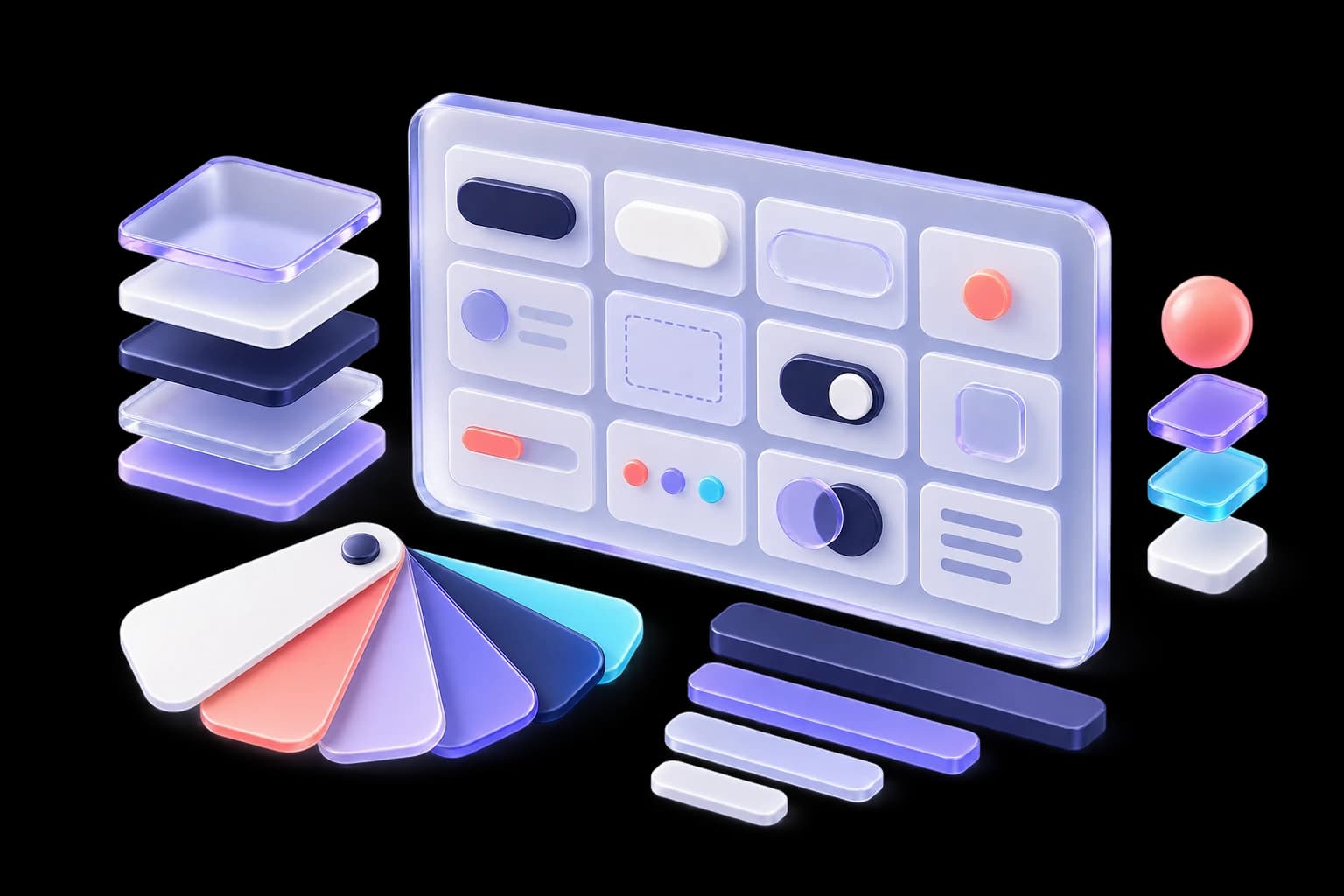 Three-dimensional modular design system board with reusable interface components and colour tokens