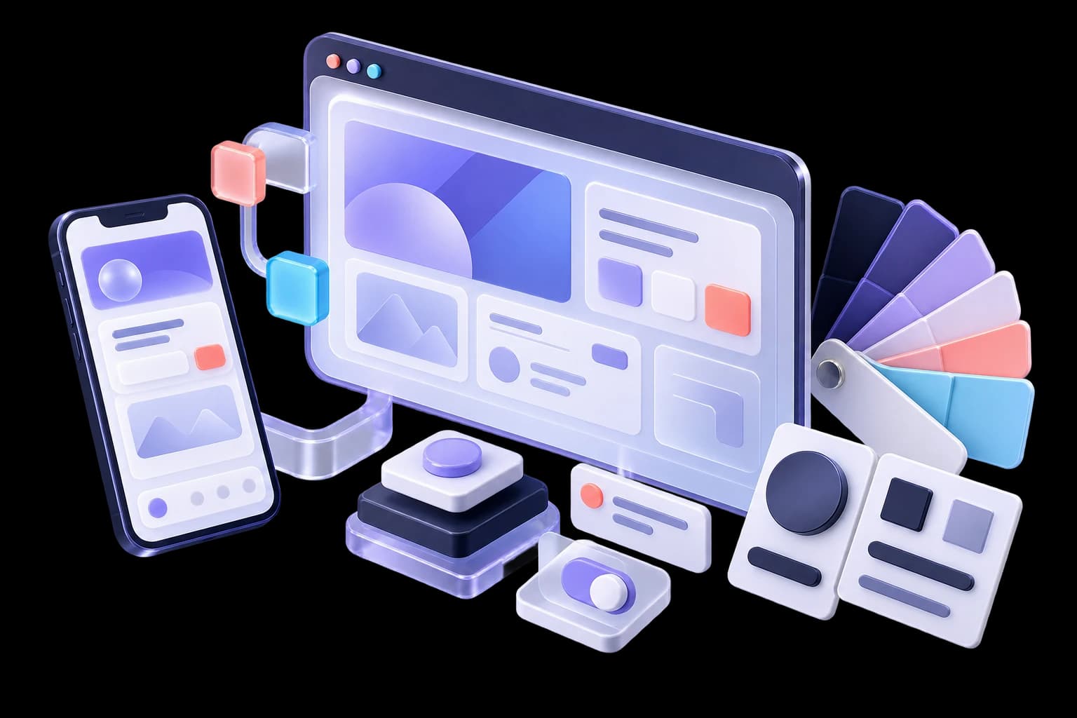 Three-dimensional composition of a brand palette, desktop interface, mobile screen and reusable design components