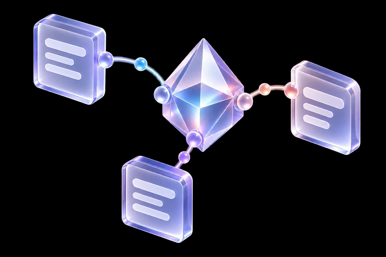 Three-dimensional source documents connected to a central knowledge prism