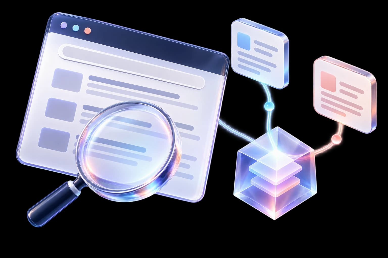Three-dimensional search results, source cards and AI answer prism connected as a discovery system