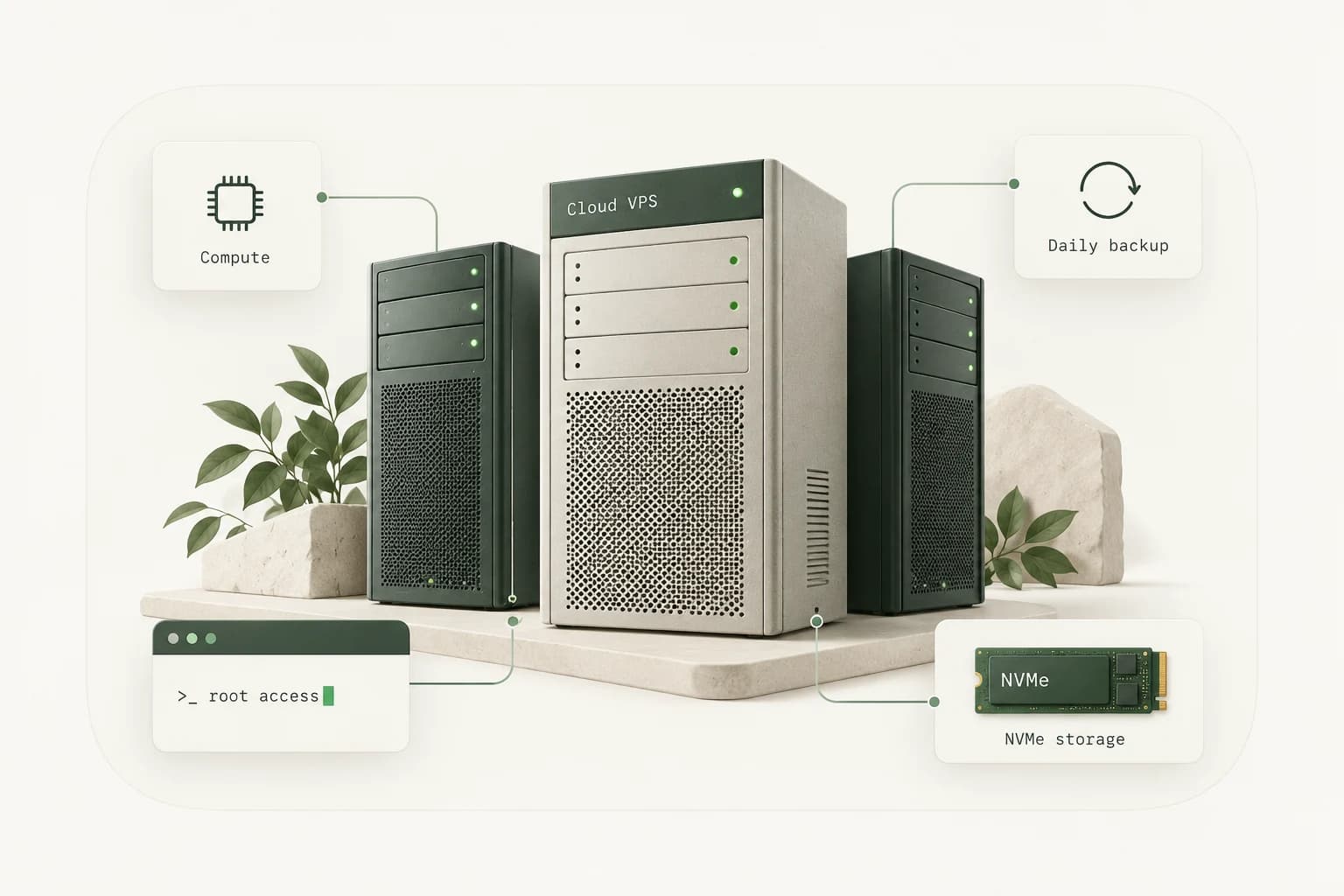 Sunucular, NVMe depolama, root erişimi ve günlük yedek kartıyla temsili VPS altyapısı