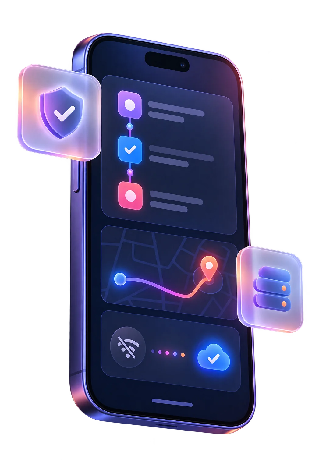 Illustrative mobile workflow with task, route and offline sync cues